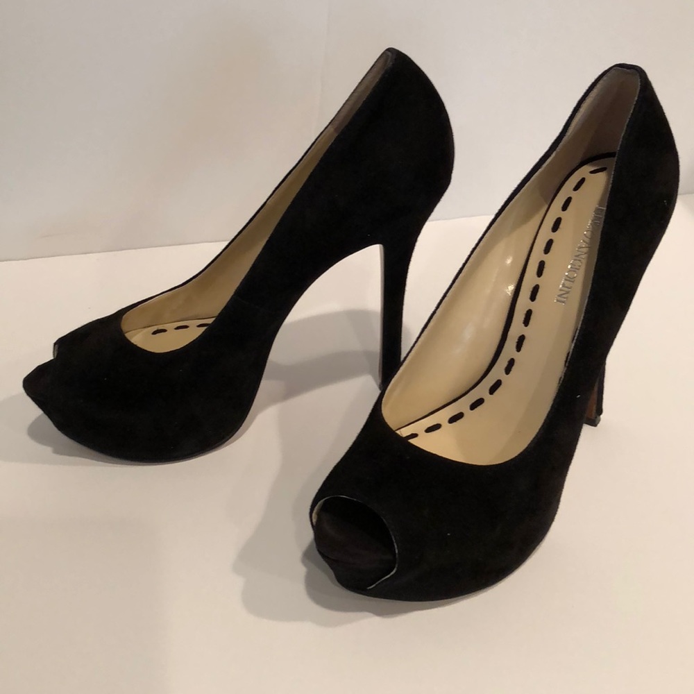 Enzo Angiolini Black suede peep toe pumps.